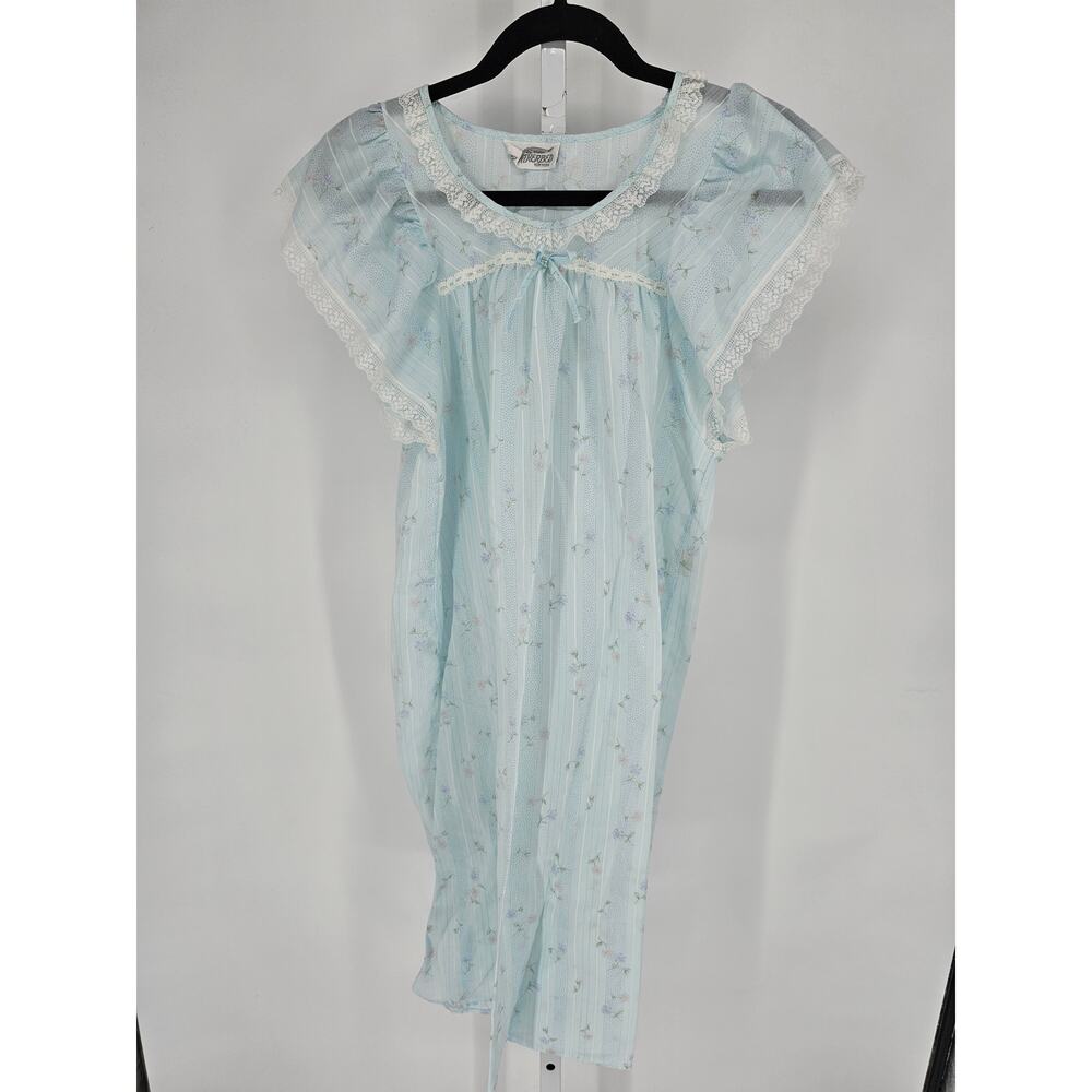 Vintage Featherbed Womens Sz M Nightgown Light Blue Floral Semi Sheer Lace Trim